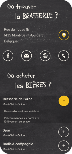 Capture d'écran application: Adresse de la brasserie - Infos pratiques, heures d'ouverture - Points de ventes où on peut trouver la bière - Adresse de la brasserie - Brasserie de l'orne.